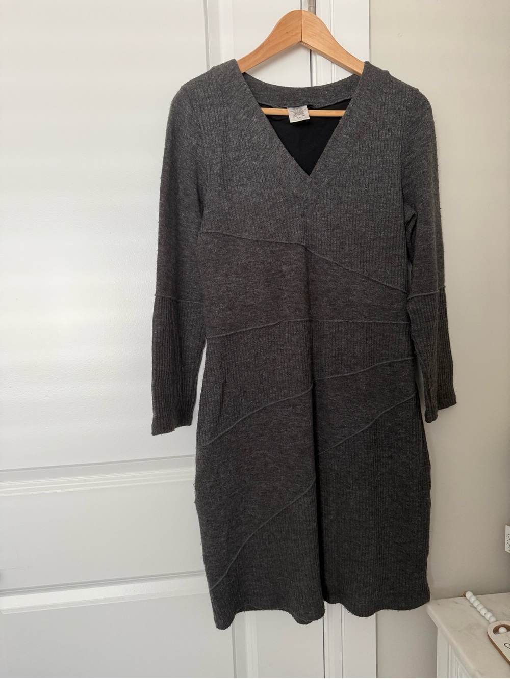 Papillon Blanc Charcoal Gray Ribbed V-Neck Long Sleeve Dress size Large